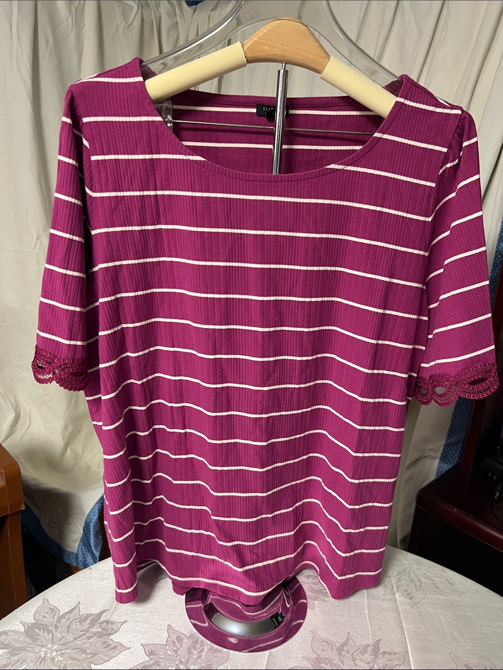 Talbots 3X Striped Lace-Sleeve Women’s Top in Magenta
